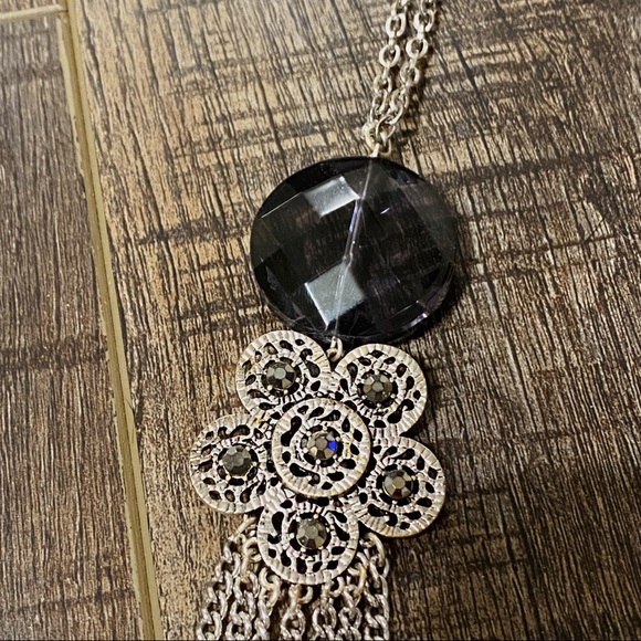 Long Dangle Flower Design Chain Tassel Necklace Silver Jewelry Black Jewel - Picture 3 of 5